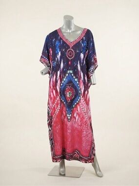 Boho Kaftan Maxi Dress One Size NWOT Pink Blue Tie-Dye Medallion Print Beach